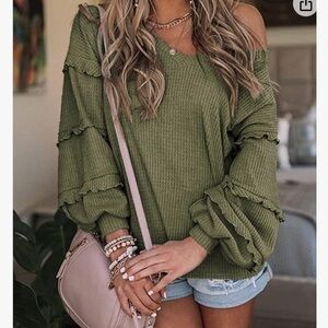 NWT V Neck Long Sleeve Loose Fit Ruffles Off Shoulder Waffle Knit Top